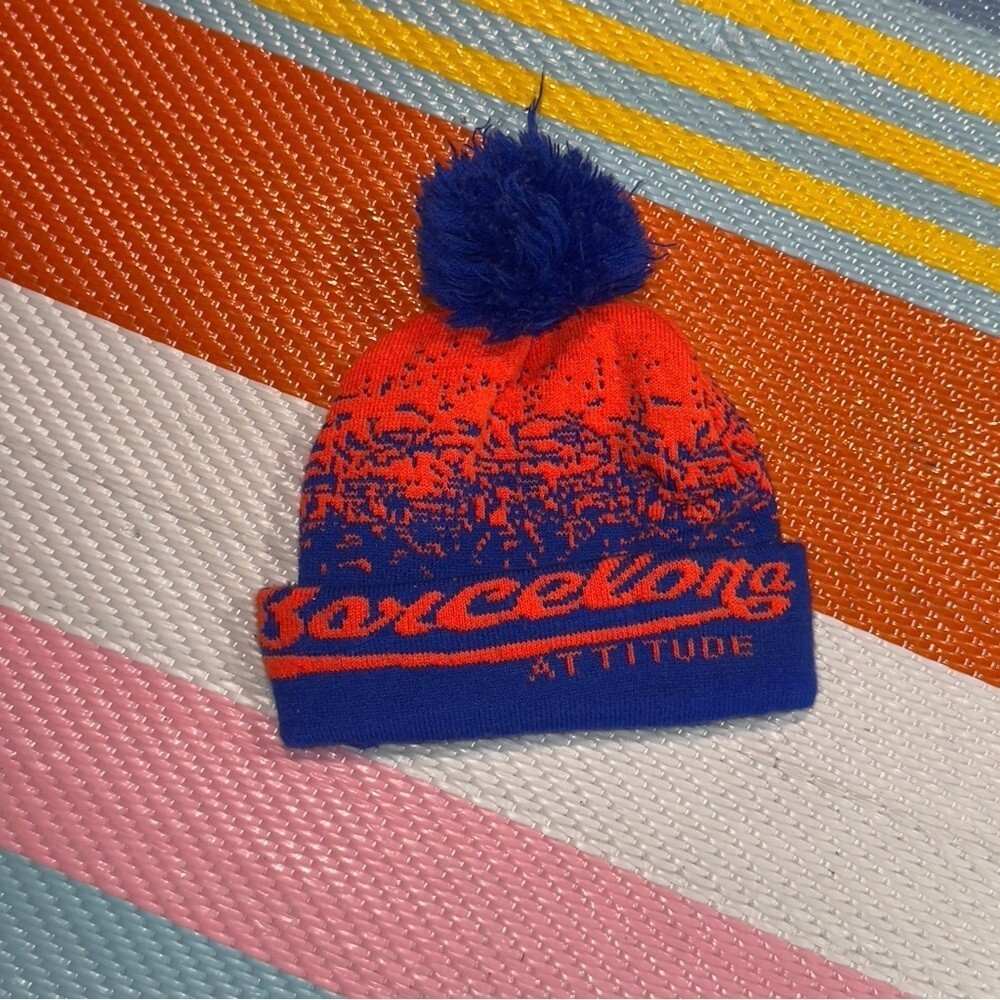 Barcelona Attitude Blue Orange Pom Pom Beanie Hat Cap Boys Kids Size